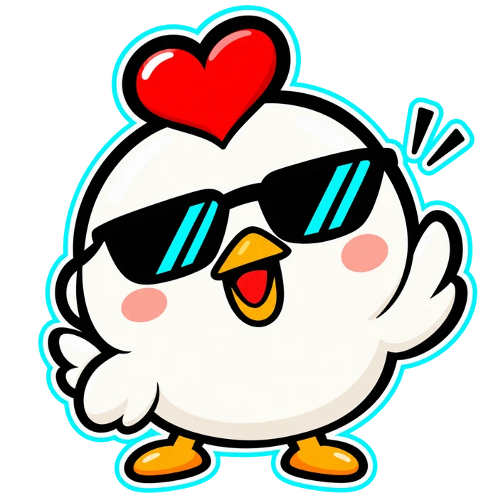The K-Crunchies chicken mascot with teal sunglasses